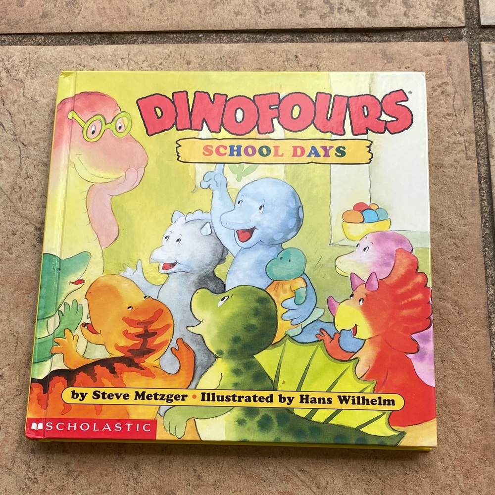 Scholastic Dinofours School Days Bright Yellow Kids Book with Colorful Dinosaurs
